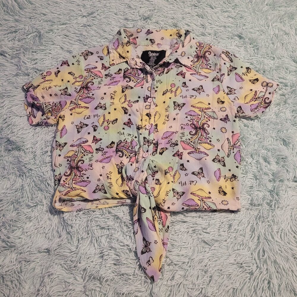 Spencer's Mushroom Butterfly Button Down Tie Crop Top Short Sleeve Pastel Size M